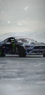 Mustang drifting on icy terrain with snowy mountains.