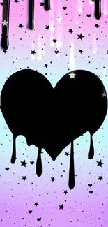 Black dripping heart on pastel starry background.