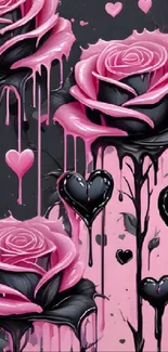 Dripping pink roses with heart shapes on a dark background.