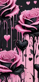 Artistic pink roses with black hearts on a stylish dark background.