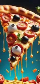 Cheesy pizza slice with olives and tomatoes on blue background.