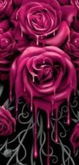 Dark mobile wallpaper with dripping magenta roses on a black background.