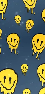 Dripping smiley faces on dark background wallpaper.