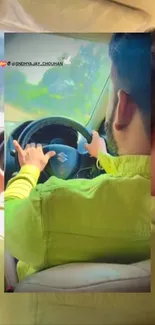 Man driving a car with vibrant green backdrop, seen from backseat.