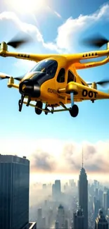 Yellow drone flying over city skyline with blue sky.