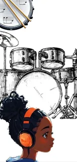 Sketch of drums and girl with headphones.