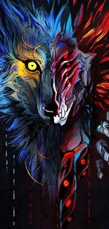 Vibrant blue and red wolf art wallpaper on dark background.