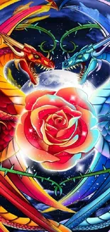 Two vibrant dragons encircle a rose in a fantasy art style with a mystical background.