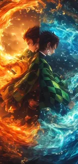 Anime characters with fire and water elements