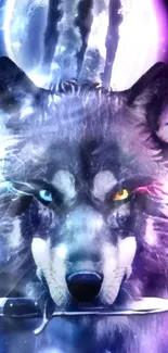 Fantasy wallpaper of a dual-eyed wolf holding a knife in moonlight.