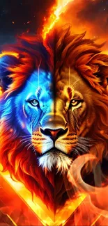 Dual-faced lion with fiery and blue mane in vivid colors.