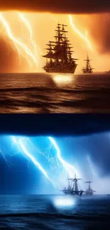 Dual sky lightning with ships over ocean waves in orange and blue.