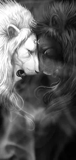 Black and white lions art creating a heart shape in a mobile wallpaper.