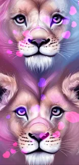 Fantasy art of two lions in pink and blue hues for mobile wallpaper.