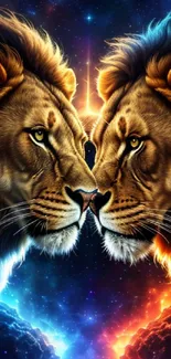 Dual lions facing each other in a cosmic background.