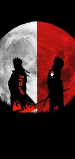 Anime silhouettes with a red and white moon backdrop.