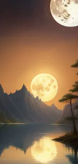 Mobile wallpaper of a lake with two moons, mountains, and trees.