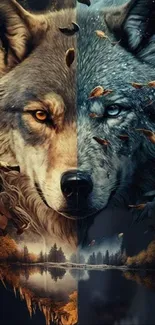 Two wolves with contrasting faces in an artistic nature-themed wallpaper.