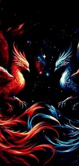 Dual phoenixes in vibrant cosmic battle with red and blue hues on black background.