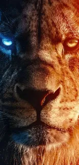 Lion wallpaper with dual blue and orange tones for mobile.