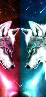 Dual cosmic wolves in vibrant fire and ice colors.