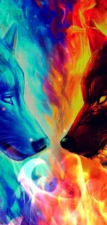 Illustration of fire and ice wolves facing each other.