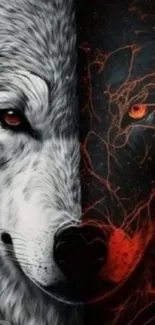 Artistic wallpaper of a white and dark wolf face split