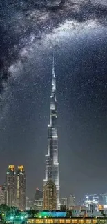 Starry night over Dubai cityscape featuring Burj Khalifa.