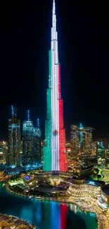 Burj Khalifa lit up in Dubai night skyline.