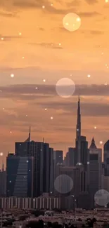 Dubai skyline under golden dusk sky with light flares.