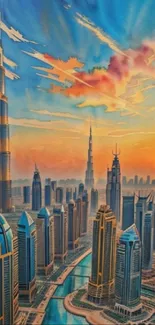 Stunning sunrise over Dubai skyline with colorful, painted skyscrapers.