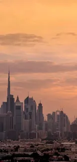 Dubai skyline silhouetted against an amber sunset.