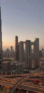 Dubai skyline with skyscrapers at sunset.