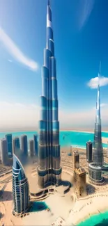 Aerial view of Dubai skyline with skyscrapers and blue sky wallpaper.