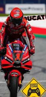 Vibrant Ducati motorcycle racing wallpaper with a dynamic racer in red.