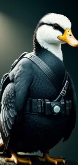 Duck wearing tactical gear on a dark background.