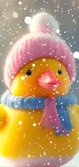 Yellow duck with pink hat in snowy setting.