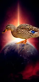 Duck standing on a glowing planet in a cosmic fiery background.