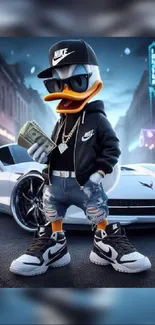 Cool duck character with urban street style in vibrant city artwork.