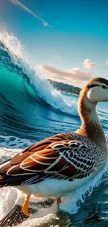 Majestic duck surfing an ocean wave with a vibrant sky backdrop.