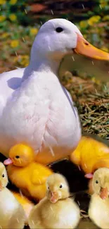 White duck with ducklings in a natural setting.