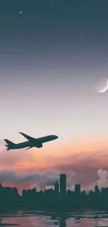 Airplane over cityscape with crescent moon at dusk.