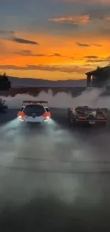 Three cars racing at dusk with bright headlights and a colorful sunset sky.