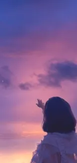 Silhouette of a woman reaching towards a purple and pink dusk sky scene.