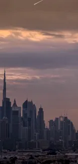 Majestic cityscape at dusk with skyline and dramatic sky.