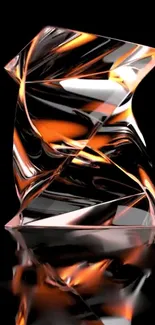 Abstract glass art design with dynamic orange swirls on black background.