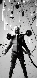 Black and white abstract art of a dynamic human figure with splatters.