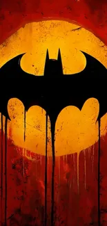 Bold bat symbol on vibrant red background with artistic flair.
