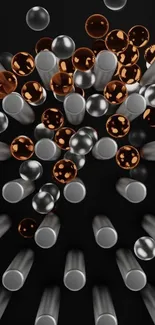 Abstract spherical art with metallic and orange hues.