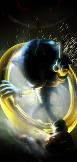 Dynamic blue character with golden ring in motion on a dark background wallpaper.